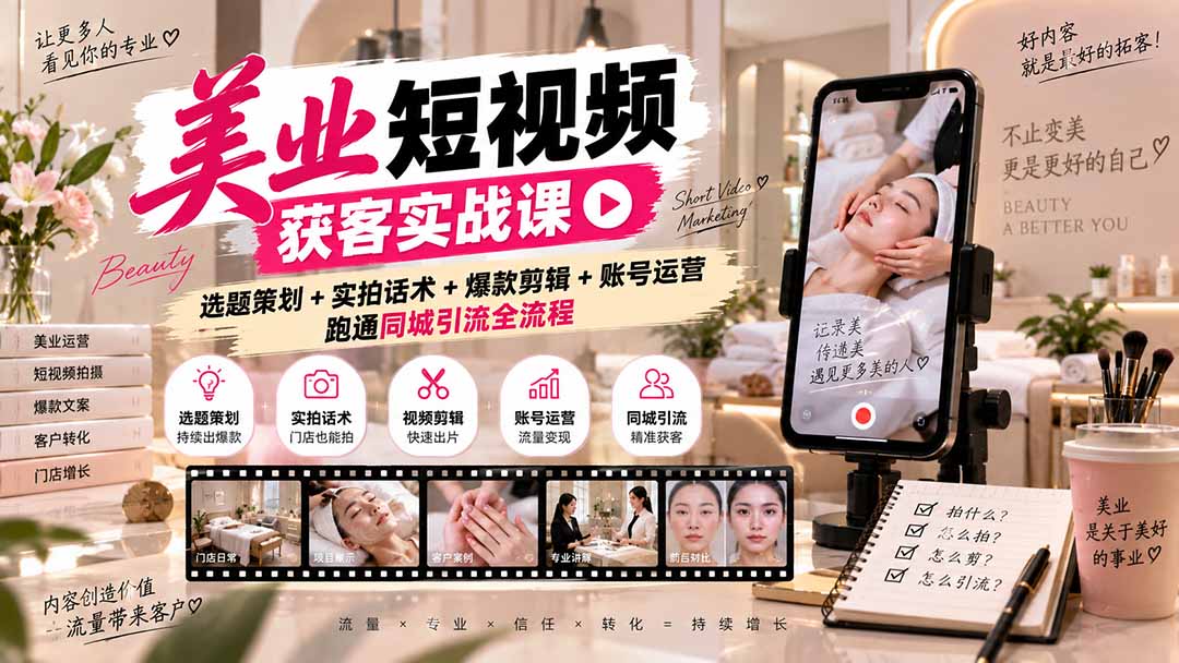 美业短视频获客实战课-无水印：选题策划+实拍话术+爆款剪辑+账号运营，跑通同城引流全流程 - 严选资源大全
