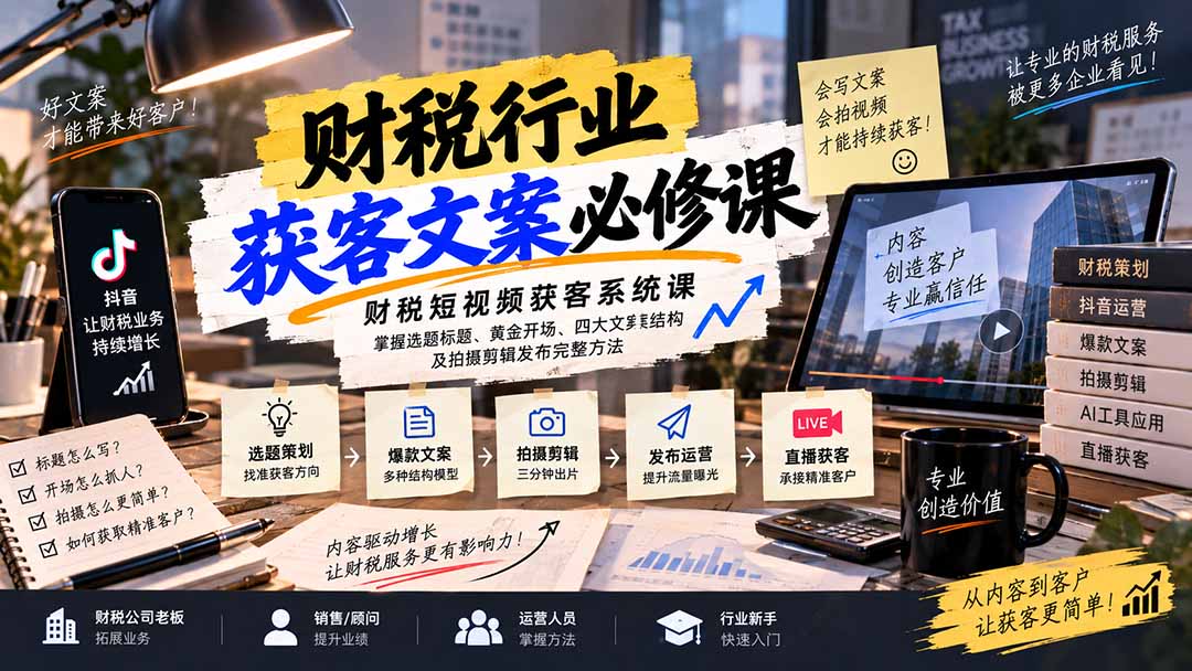 财税短视频获客系统课：掌握选题标题、黄金开场、四大文案结构及拍摄剪辑发布完整方法 - 严选资源大全