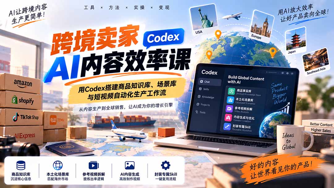 跨境卖家AI内容效率课：用Codex搭建商品知识库、场景库与短视频自动化生产工作流 - 严选资源大全