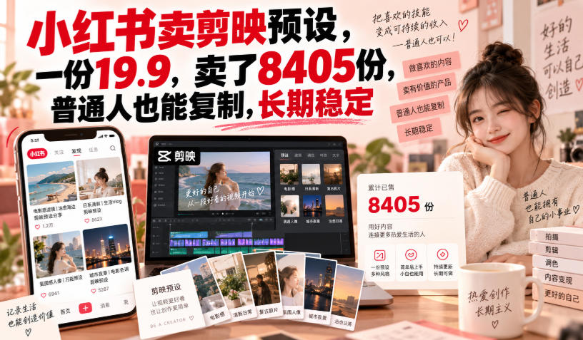 小红书卖剪映预设,一份19.9,卖了8405份,普通人也能复制,长期稳定 - 严选资源大全