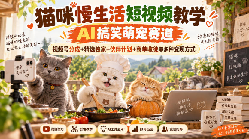 猫咪慢生活短视频教学，AI搞笑萌宠赛道，视频号分成+精选独家+伙伴计划+商单收徒等多种变现方式 - 严选资源大全