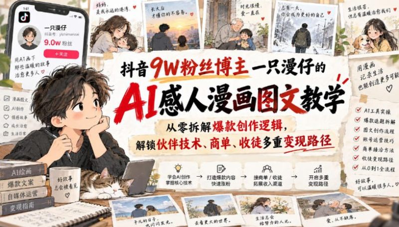 抖音9W粉丝博主一只漫仔的AI感人漫画图文教学,从零拆解爆款创作逻辑,解锁伙伴技术、商单、收徒多重变现路径 - 严选资源大全 - 严选资源大全