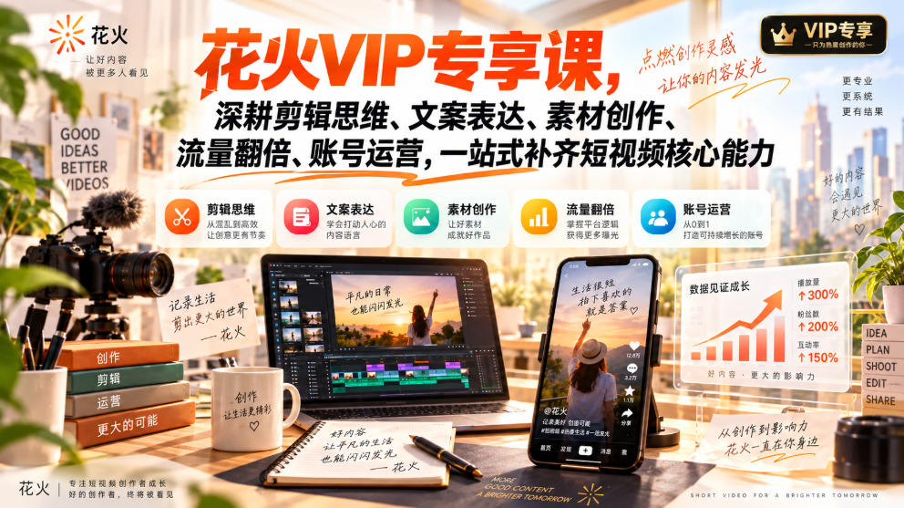 花火VIP专享课，深耕剪辑思维、文案表达、素材创作、流量翻倍、账号运营，一站式补齐短视频核心能力 - 严选资源大全