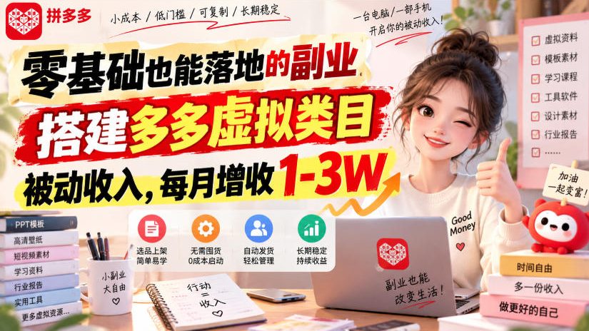 零基础也能落地的副业，搭建多多虚拟类目被动收入，每月增收1-3W【揭秘】 - 严选资源大全