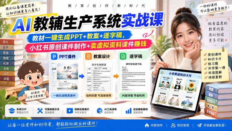 AI教辅生产系统实战课-更新0926｜教材一键生成PPT+教案+逐字稿，小红书原创课件制作+卖虚拟资料课件赚钱 - 严选资源大全 - 严选资源大全