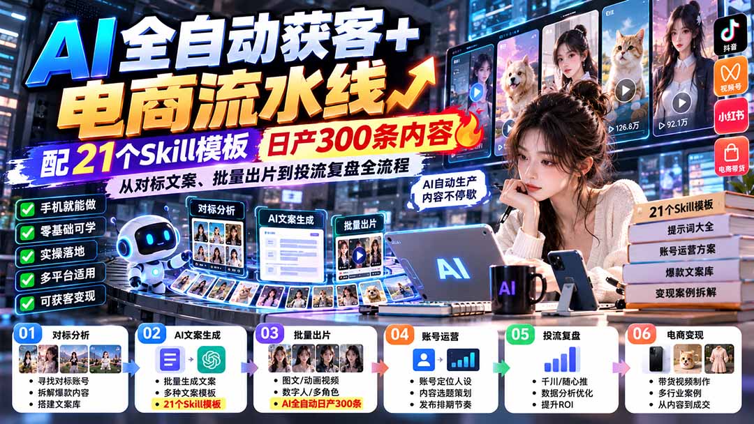 【无水印】AI全自动获客+电商流水线:配21个Skill模板,日产300条内容,从对标文案、批量出片到投流复盘全流程 - 严选资源大全