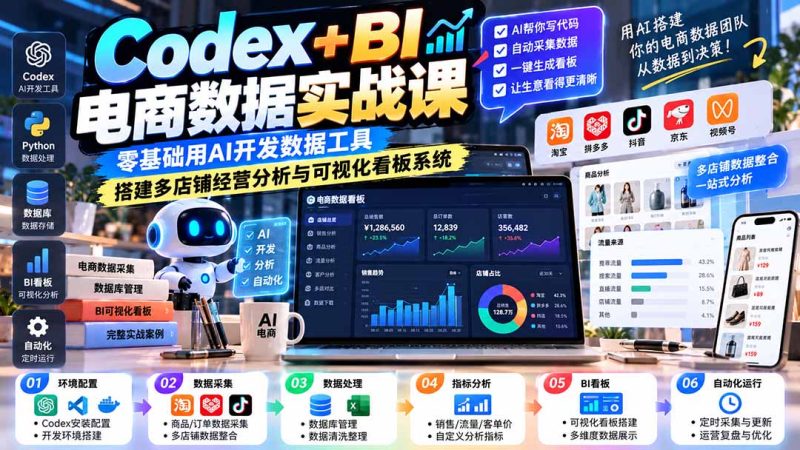 Codex+BI电商数据实战课:零基础用AI开发数据工具,搭建多店铺经营分析与可视化看板系统 - 严选资源大全 - 严选资源大全