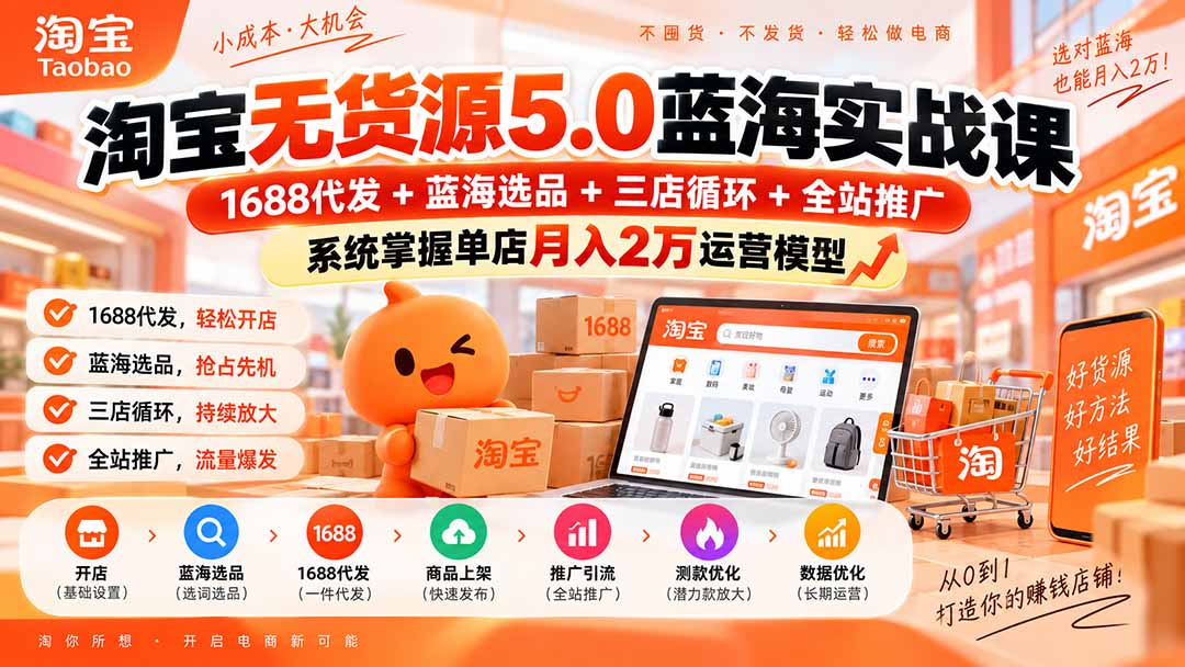淘宝无货源5.0蓝海实战课-更新0927:1688代发+蓝海选品+三店循环+全站推广,系统掌握单店月入2万运营模型 - 严选资源大全