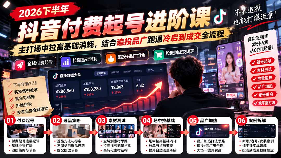 2026下半年抖音付费起号进阶课：主打场中拉高基础消耗，结合追投品广跑通冷启到成交全流程 - 严选资源大全
