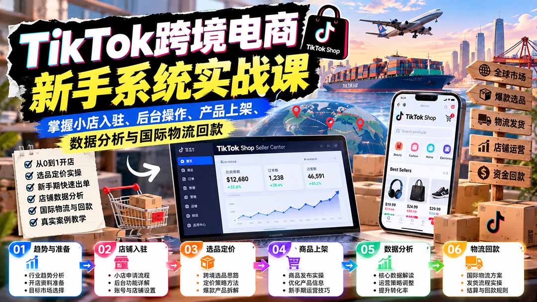 TikTok跨境电商新手系统实战课:掌握小店入驻、后台操作、产品上架、数据分析与国际物流回款 - 严选资源大全