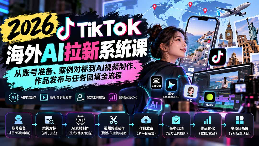 【无水印】2026 TikTok海外AI拉新系统课:从账号准备、案例对标到AI视频制作、作品发布与任务回填全流程 - 严选资源大全