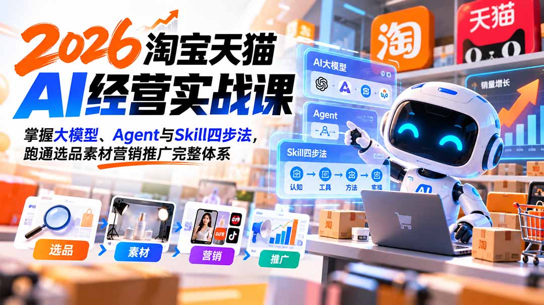 【无水印】2026淘宝天猫AI经营实战课:掌握大模型、Agent与Skill四步法,跑通选品素材营销推广完整体系 - 严选资源大全