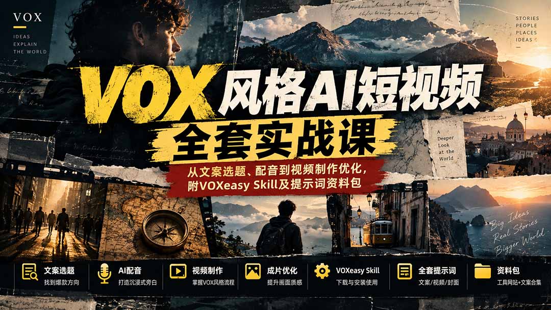 【无水印】VOX风格AI短视频全套实战课:从文案选题、配音到视频制作优化,附VOXeasy Skill及提示词资料包 - 严选资源大全