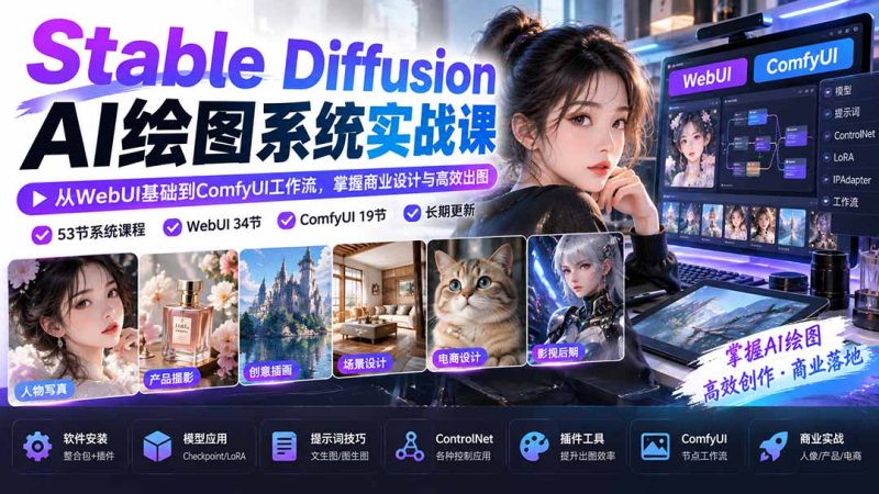 【无水印】Stable Diffusion AI绘图系统实战课:从WebUI基础到ComfyUI工作流,掌握商业设计与高效出图 - 严选资源大全 - 严选资源大全