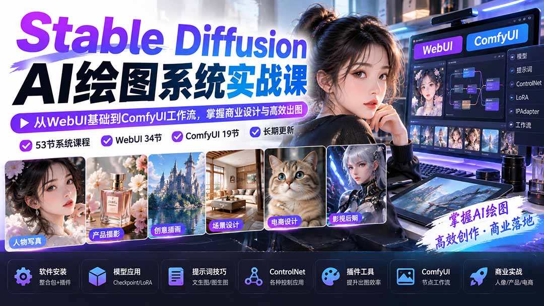 【无水印】Stable Diffusion AI绘图系统实战课:从WebUI基础到ComfyUI工作流,掌握商业设计与高效出图 - 严选资源大全