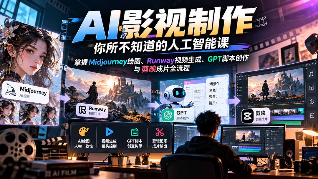 【无水印】AI影视制作-你所不知道的人工智能课,掌握Midjourney绘图、Runway视频生成、GPT脚本创作与剪映成片全流程 - 严选资源大全