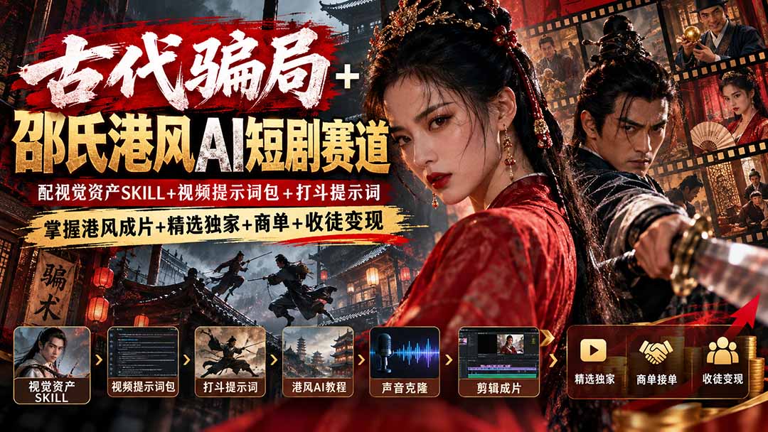 古代骗局+邵氏港风AI短剧赛道：配视觉资产SKILL+视频提示词包+打斗提示词，掌握港风成片+精选独家+商单+收徒变现 - 严选资源大全