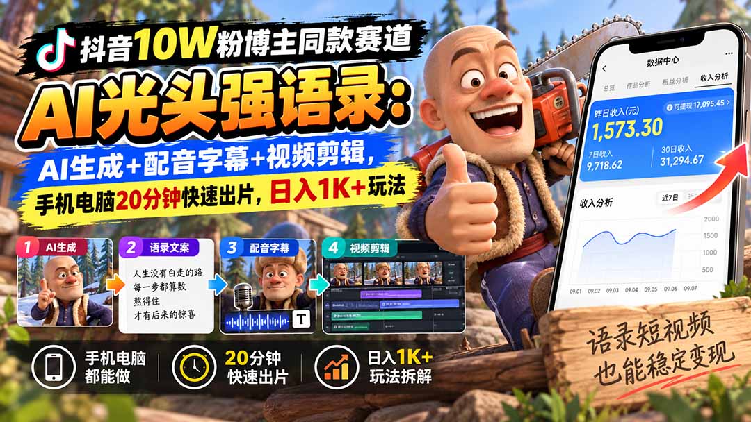 【无水印】抖音10W粉博主同款赛道AI光头强语录:AI生成+配音字幕+视频剪辑,手机电脑20分钟快速出片,日入1K+玩法 - 严选资源大全
