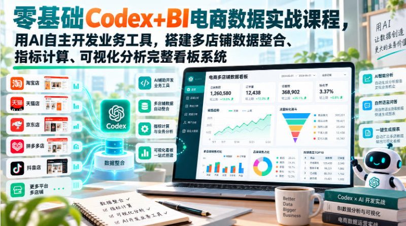 零基础Codex+BI电商数据实战课程,用AI自主开发业务工具,搭建多店铺数据整合、指标计算、可视化分析完整看板系统 - 严选资源大全 - 严选资源大全