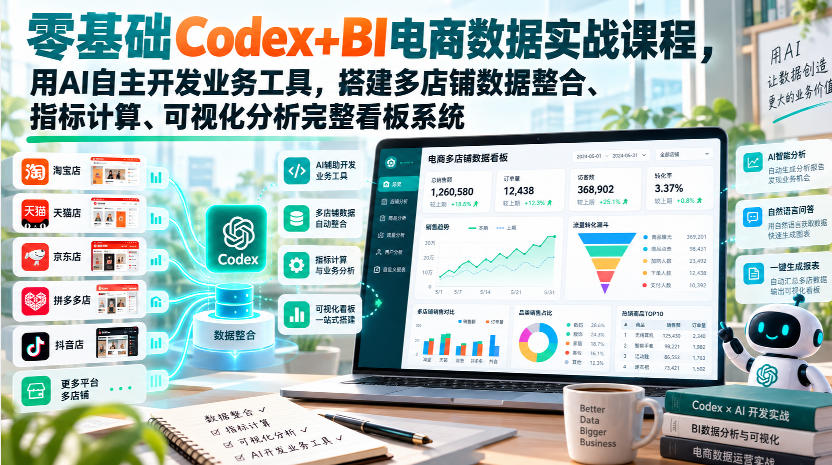 零基础Codex+BI电商数据实战课程,用AI自主开发业务工具,搭建多店铺数据整合、指标计算、可视化分析完整看板系统 - 严选资源大全