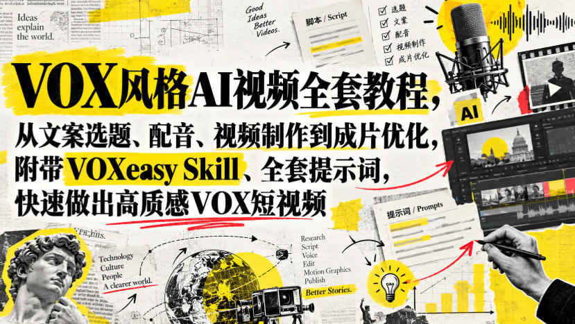 VOX风格AI视频全套教程,从文案选题、配音、视频制作到成片优化,附带VOXeasy Skill、全套提示词,快速做出高质感VOX短视频 - 严选资源大全
