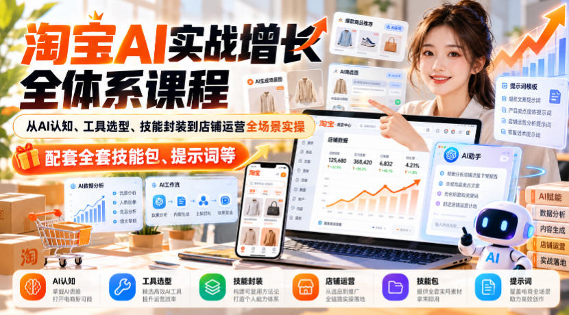 淘宝AI实战增长全体系课程,从AI认知、工具选型、技能封装到店铺运营全场景实操,配套全套技能包、提示词等 - 严选资源大全