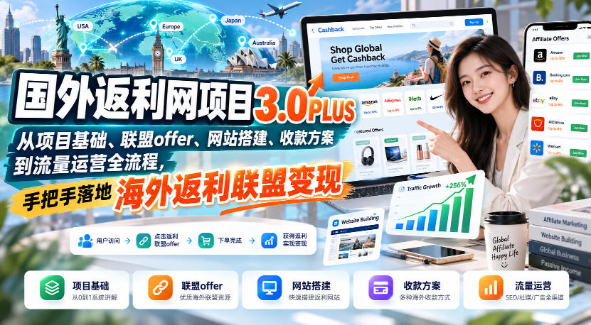 国外返利网项目3.0PLUS,从项目基础、联盟offer、网站搭建、收款方案到流量运营全流程,手把手落地海外返利联盟变现 - 严选资源大全