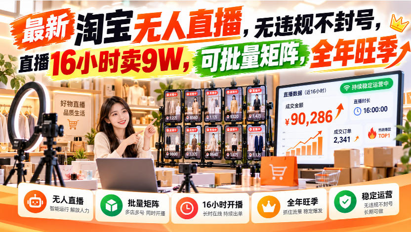 最新淘宝无人直播,无违规不封号,直播16小时卖9W,可批量矩阵,全年旺季【揭秘】 - 严选资源大全