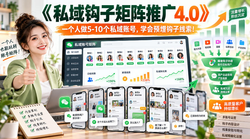 【无水印】《私域钩子矩阵推广4.0》一个人做5-10个私域账号,学会预埋钩子线索! - 严选资源大全