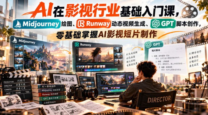 【无水印】AI在影视行业基础入门课，Midjourney绘图、Runway动态视频生成、GPT脚本创作，零基础掌握AI影视短片制作 - 严选资源大全 - 严选资源大全