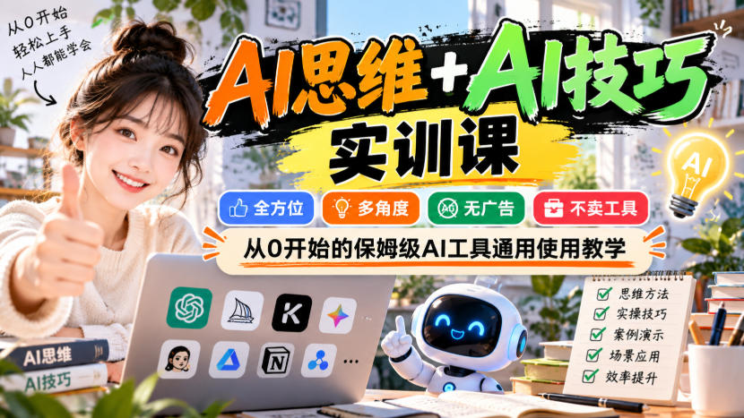 【无水印】AI思维+AI技巧实训课,全方位、多角度、无广告、不卖工具,从0开始的保姆级AI工具通用使用教学 - 严选资源大全