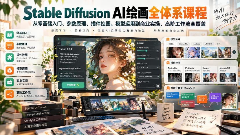 【无水印】Stable Diffusion AI绘画全体系课程,从零基础入门、参数原理、插件控图、模型运用到商业实操、高阶工作流全覆盖 - 严选资源大全