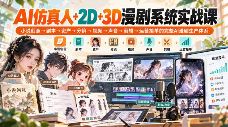【无水印】AI仿真人+2D+3D漫剧系统实战课，小说创意→剧本→资产→分镜→视频→声音→剪辑→运营接单的完整AI漫剧生产体系 - 严选资源大全 - 严选资源大全