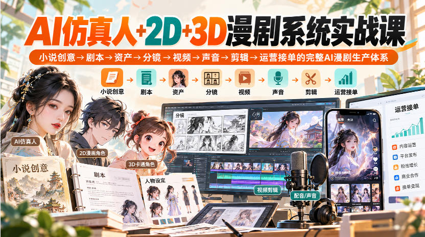 【无水印】AI仿真人+2D+3D漫剧系统实战课,小说创意→剧本→资产→分镜→视频→声音→剪辑→运营接单的完整AI漫剧生产体系 - 严选资源大全