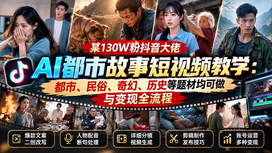 某130W粉抖音大佬AI都市故事短视频教学:都市、民俗、奇幻、历史等题材均可做与变现全流程 - 严选资源大全
