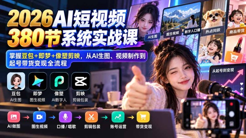【无水印】2026AI短视频380节系统实战课：掌握豆包+即梦+像塑剪映，从AI生图、视频制作到起号带货变现全流程 - 严选资源大全 - 严选资源大全