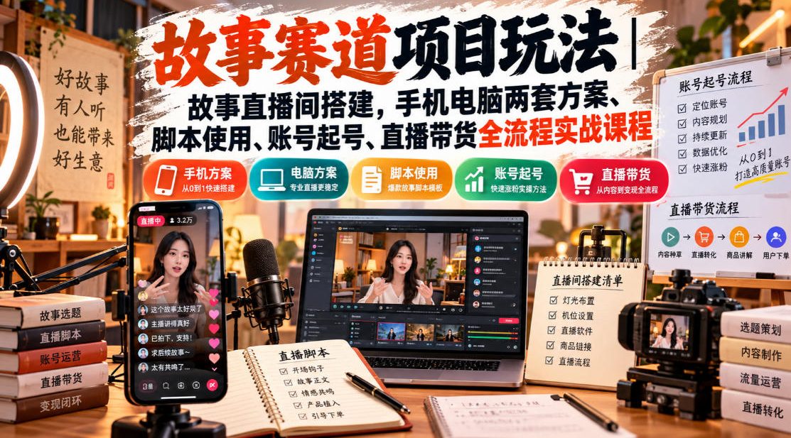 故事赛道项目玩法｜故事直播间搭建，手机电脑两套方案、脚本使用、账号起号、直播带货全流程实战课程 - 严选资源大全