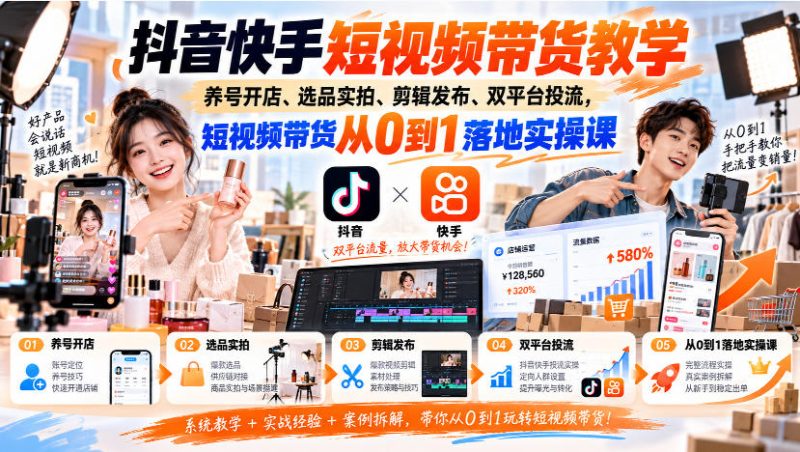 抖音快手短视频带货教学｜养号开店、选品实拍、剪辑发布、双平台投流，短视频带货从0到1落地实操课 - 严选资源大全 - 严选资源大全