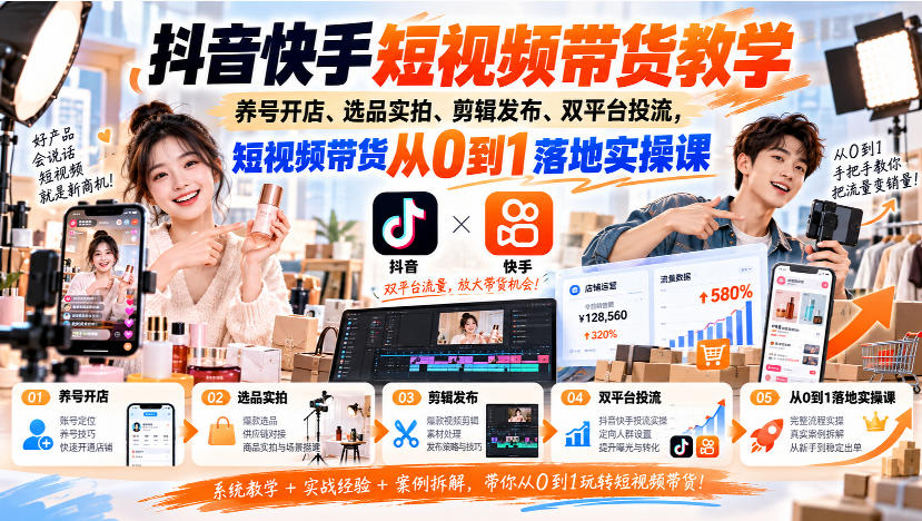 抖音快手短视频带货教学｜养号开店、选品实拍、剪辑发布、双平台投流，短视频带货从0到1落地实操课 - 严选资源大全