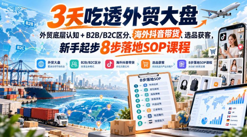 3天吃透外贸大盘,外贸底层认知+B2B/B2C区分、海外抖音带货、选品获客,新手起步8步落地SOP课程 - 严选资源大全 - 严选资源大全