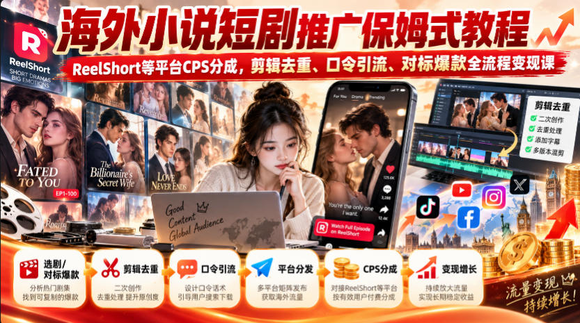 海外小说短剧推广保姆式教程｜ReelShort等平台CPS分成，剪辑去重、口令引流、对标爆款全流程变现课 - 严选资源大全