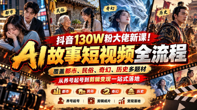 抖音130W粉大佬新课！AI故事短视频全流程，覆盖都市、民俗、奇幻、历史多题材，从养号起号到剪辑变现一站式落地 - 严选资源大全