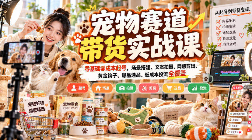 宠物赛道带货实战课，零基础零成本起号，场景搭建、文案拍摄、网感剪辑、黄金钩子、爆品选品、低成本投流全覆盖 - 严选资源大全