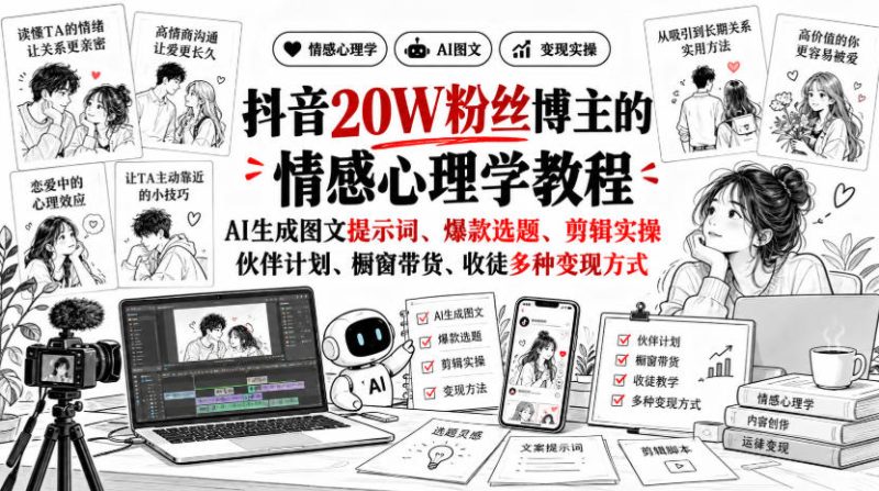 抖音20W粉丝博主静候心声的情感心理学教程，AI生成图文提示词、爆款选题、剪辑实操，伙伴计划、橱窗带货、收徒多种变现方式 - 严选资源大全 - 严选资源大全