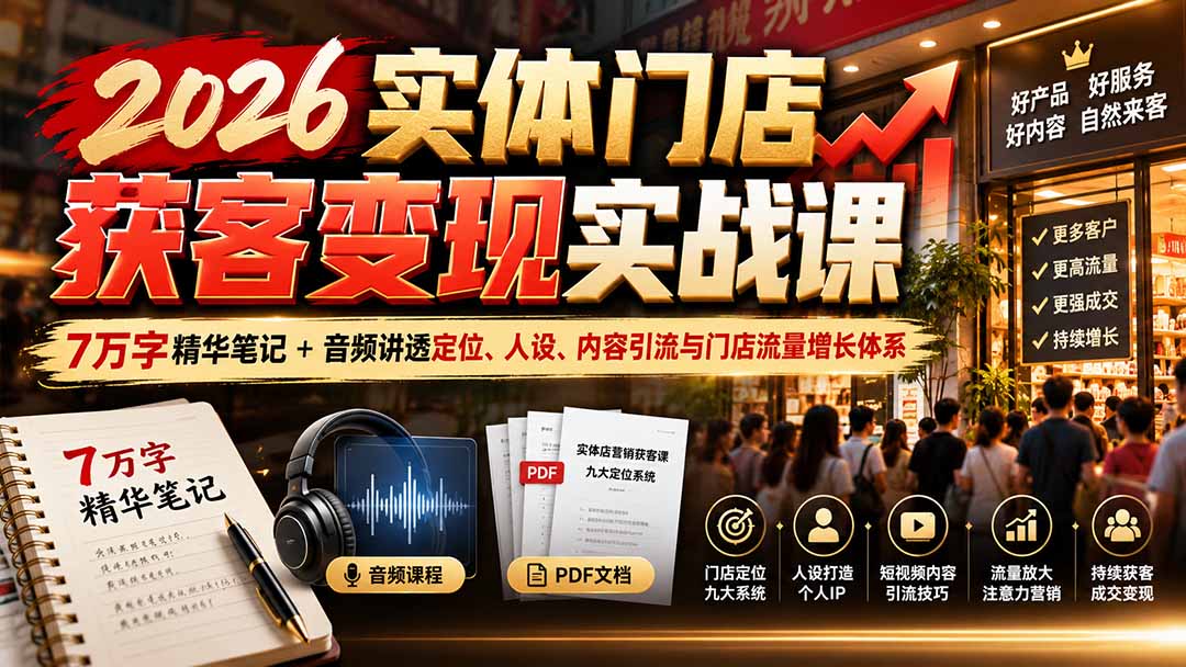 2026实体门店获客变现实战课：7万字精华笔记+音频讲透定位、人设、内容引流与门店流量增长体系 - 严选资源大全