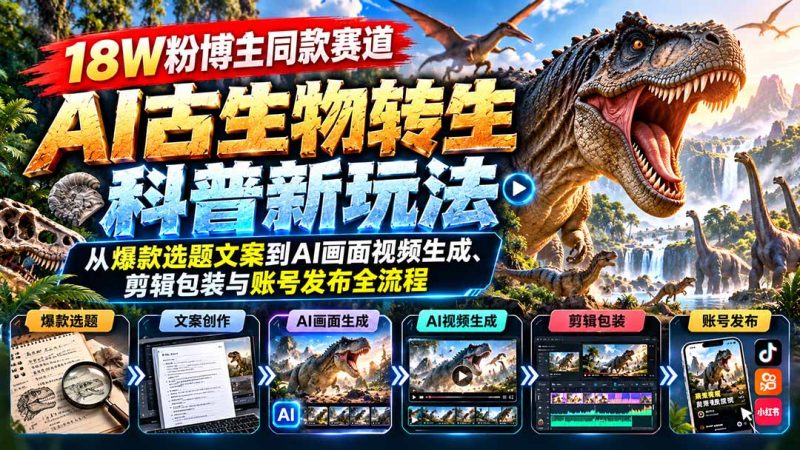 18W粉博主同款赛道-AI古生物转生科普新玩法:从爆款选题文案到AI画面视频生成、剪辑包装与账号发布全流程 - 严选资源大全 - 严选资源大全
