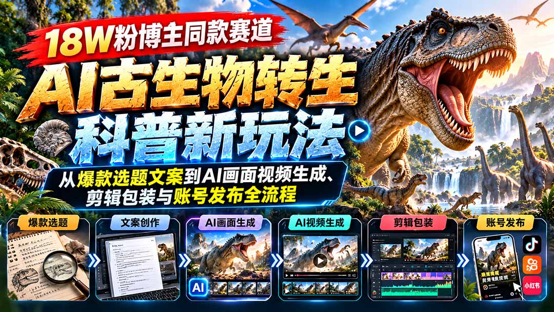18W粉博主同款赛道-AI古生物转生科普新玩法：从爆款选题文案到AI画面视频生成、剪辑包装与账号发布全流程 - 严选资源大全
