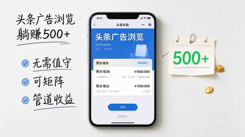 头条广告浏览躺赚500+无需值守，可矩阵并附有管道收益 - 严选资源大全 - 严选资源大全