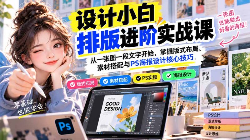设计小白排版进阶实战课:从一张图一段文字开始,掌握版式布局、素材搭配与PS海报设计核心技巧 - 严选资源大全 - 严选资源大全