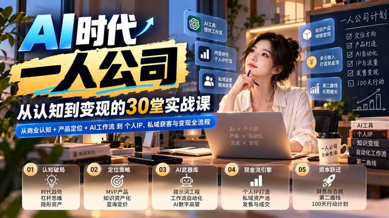 【无水印】AI时代一人公司30堂实战课:从商业认知+产品定位+AI工作流到个人IP、私域获客与变现全流程 - 严选资源大全 - 严选资源大全